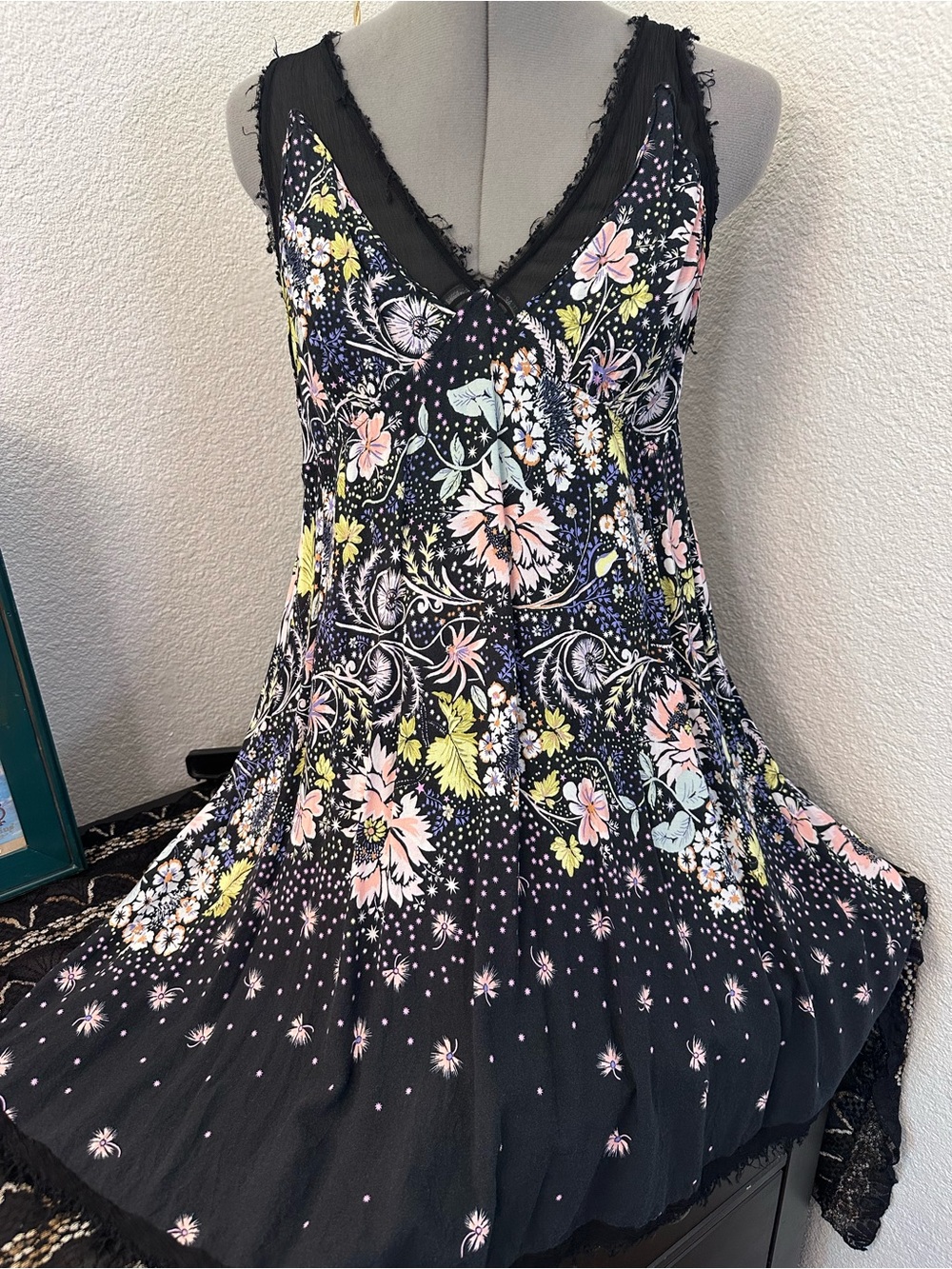 Free People x Intimately Black Floral Slip Dress with Pink Accents - Picture 3 of 16